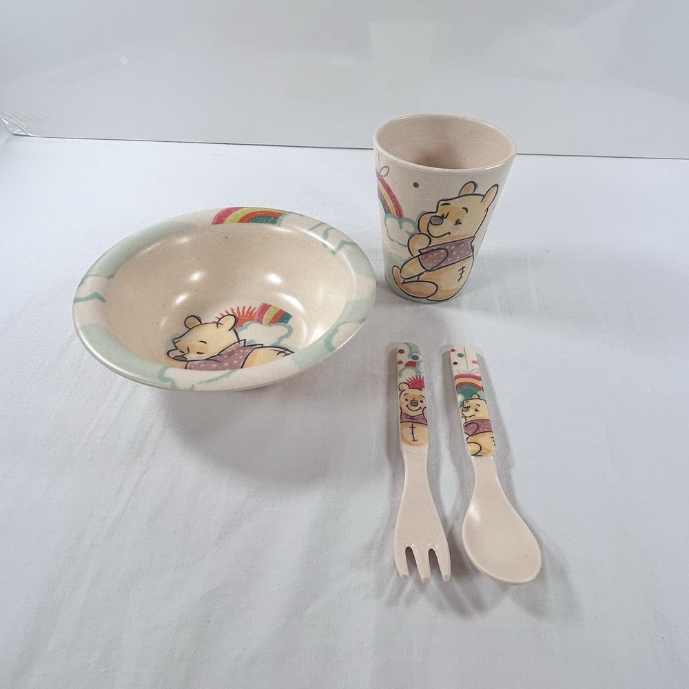 Disney Winnie the Pooh Toddler Dinnerware Bowl Cup Fork Spoon Rise And Shine - Picture 1 of 9